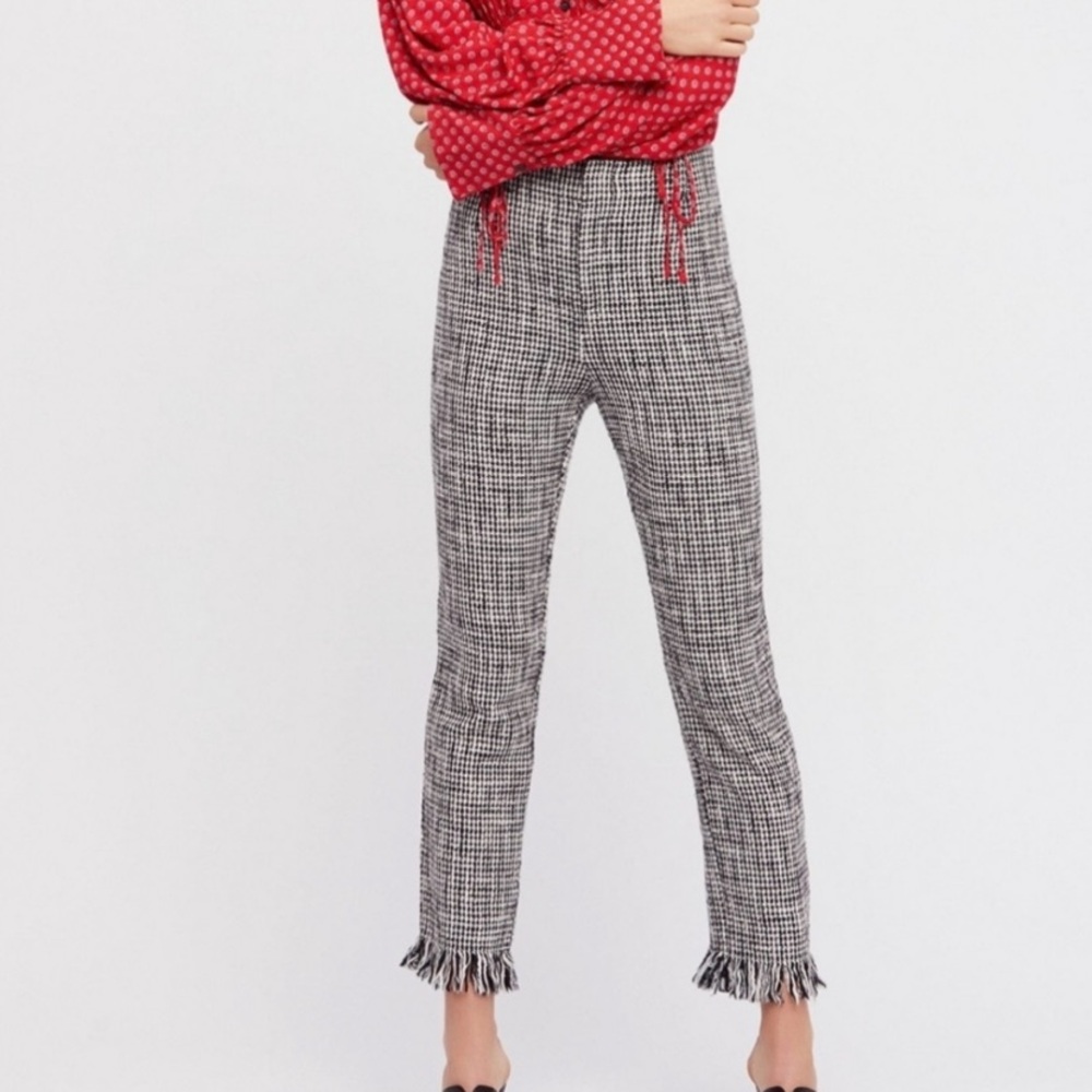 Free People Aster Houndstooth Tweed Cropped Fringed High Waisted
